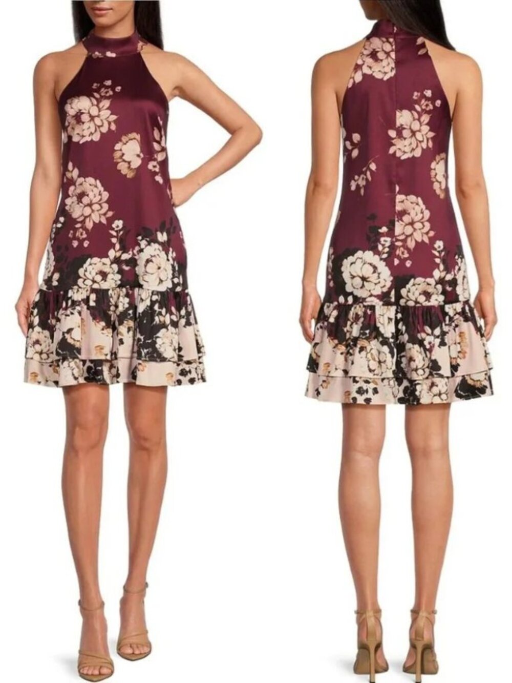 Badgley Mischka Odette DRESS Sz 14 Wine Floral Halter Neck Sleeveless Ruffle NEW